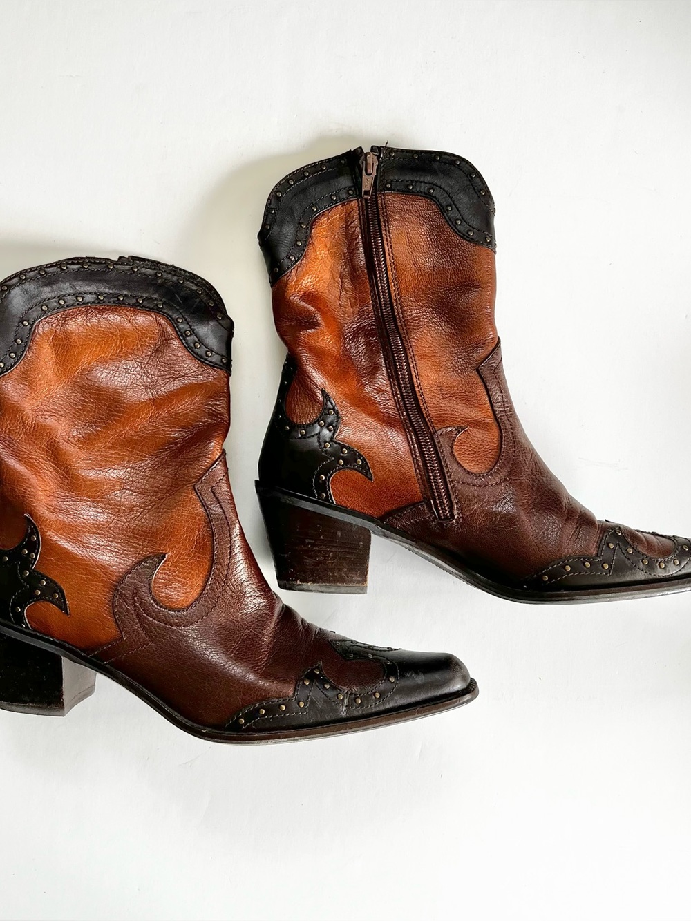 Stuart Weitzman Western Studded Tri Color Brown Mid Calf Boots